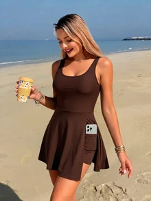 SHEIN Swim 女士夏季沙滩休闲优雅纯黑色粗肩带圆领荷叶边下摆连体泳衣 - 咖啡棕 - 查看 3