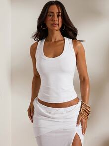 Opulessa Spring/Summer Vacation Solid Color Knit Fitted Women's Tank Top Everyday Homewear White Minimalist Casual Basic - White - View 4