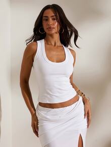 Opulessa Spring/Summer Vacation Solid Color Knit Fitted Women's Tank Top Everyday Homewear White Minimalist Casual Basic - White - View 6