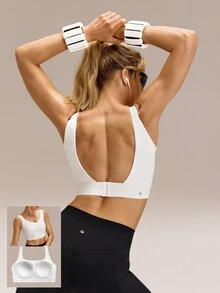 GLOWMODE FeatherFit™-Sujetador deportivo con copas incorporadas, cuello en V, espalda descubierta y ajustable, de impacto medio, para correr, trotar, entrenar y hacer ejercicio en el gimnasio - Blanco - Ver 2