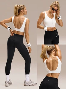 GLOWMODE FeatherFit™-Sujetador deportivo con copas incorporadas, cuello en V, espalda descubierta y ajustable, de impacto medio, para correr, trotar, entrenar y hacer ejercicio en el gimnasio - Blanco - Ver 9