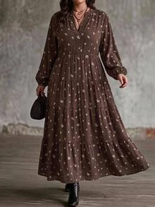 SHEIN CURVE+ Women's Plus Size Dress 22W, Autumn Long Dress - Brown - View 6