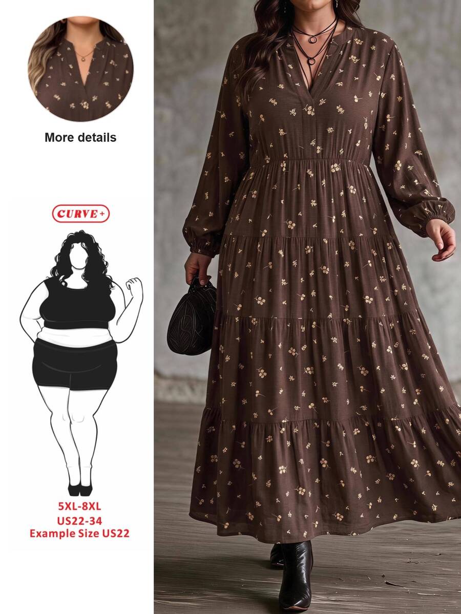SHEIN CURVE+ Women's Plus Size Dress 22W, Autumn Long Dress - Brown - View 1