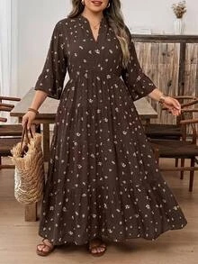 SHEIN CURVE+ Women's Plus Size Dress 22W, Autumn Long Dress - Brown - View 5
