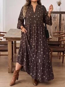SHEIN CURVE+ Women's Plus Size Dress 22W, Autumn Long Dress - Brown - View 8