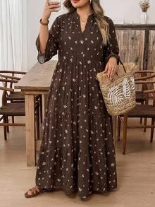 SHEIN CURVE+ Women's Plus Size Dress 22W, Autumn Long Dress - Brown - View 4