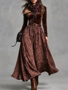LUMIGAL Women's Elegant Printed Velvet Asymmetrical Shoulder Set - Brown - View 1