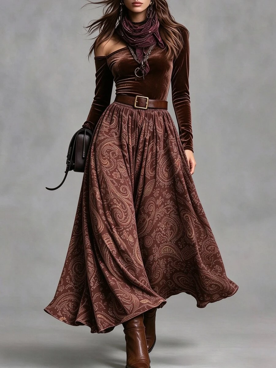 LUMIGAL Women's Elegant Printed Velvet Asymmetrical Shoulder Set - Brown - View 1