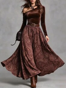 LUMIGAL Women's Elegant Printed Velvet Asymmetrical Shoulder Set - Brown - View 3