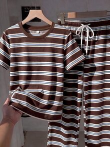 Muvela Women's Striped Round Neck Short Sleeve T-Shirt And Long Pants Casual 2 Pieces Set - Multicolor - View 3