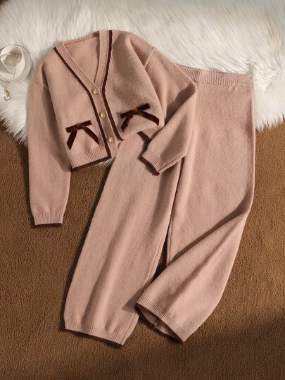SHEIN Setelan Rajut 2 Potong Elegan Baru untuk Anak Perempuan, Terdiri dari Kardigan Sweater Lengan Panjang dan Celana Rajut, Gaya Musim Gugur/Dingin yang Elegan, Cocok untuk Pakaian Sehari-hari, Sekolah, Jalan-jalan, Acara Kumpul-kumpul, Musim Gugur/Dingin