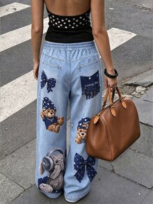 SHEIN Sparklyn Girls' Casual Fashion Cartoon Print Faux Denim Elastic Waist Wide Leg Long Pants, Loose Fit Comfortable Practical Suitable For Autumn, Spring, Summer - Blue - View 3