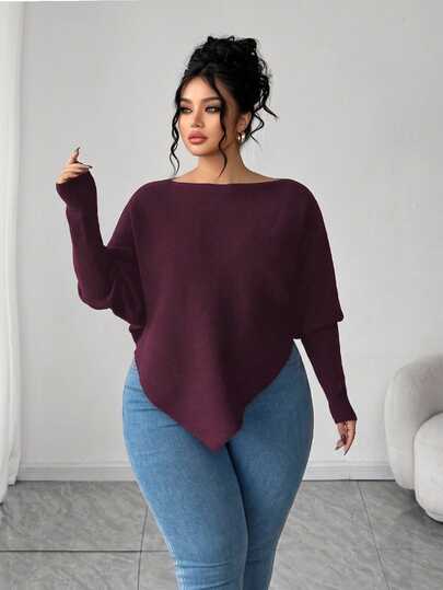 Elenzga Suéter holgado de manga larga y hombros descubiertos para mujer de talla grande, jersey de talla grande favorecedora para otoño/invierno