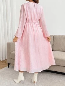 SHEIN Maternity Solid Color Round Neck Lantern Sleeve Elegant Dress Fall - Pink - View 4