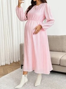 SHEIN Maternity Solid Color Round Neck Lantern Sleeve Elegant Dress Fall - Pink - View 3