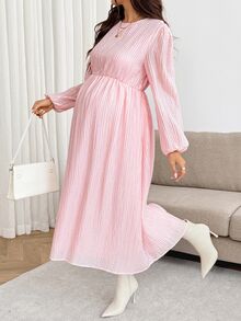 SHEIN Maternity Solid Color Round Neck Lantern Sleeve Elegant Dress Fall - Pink - View 2