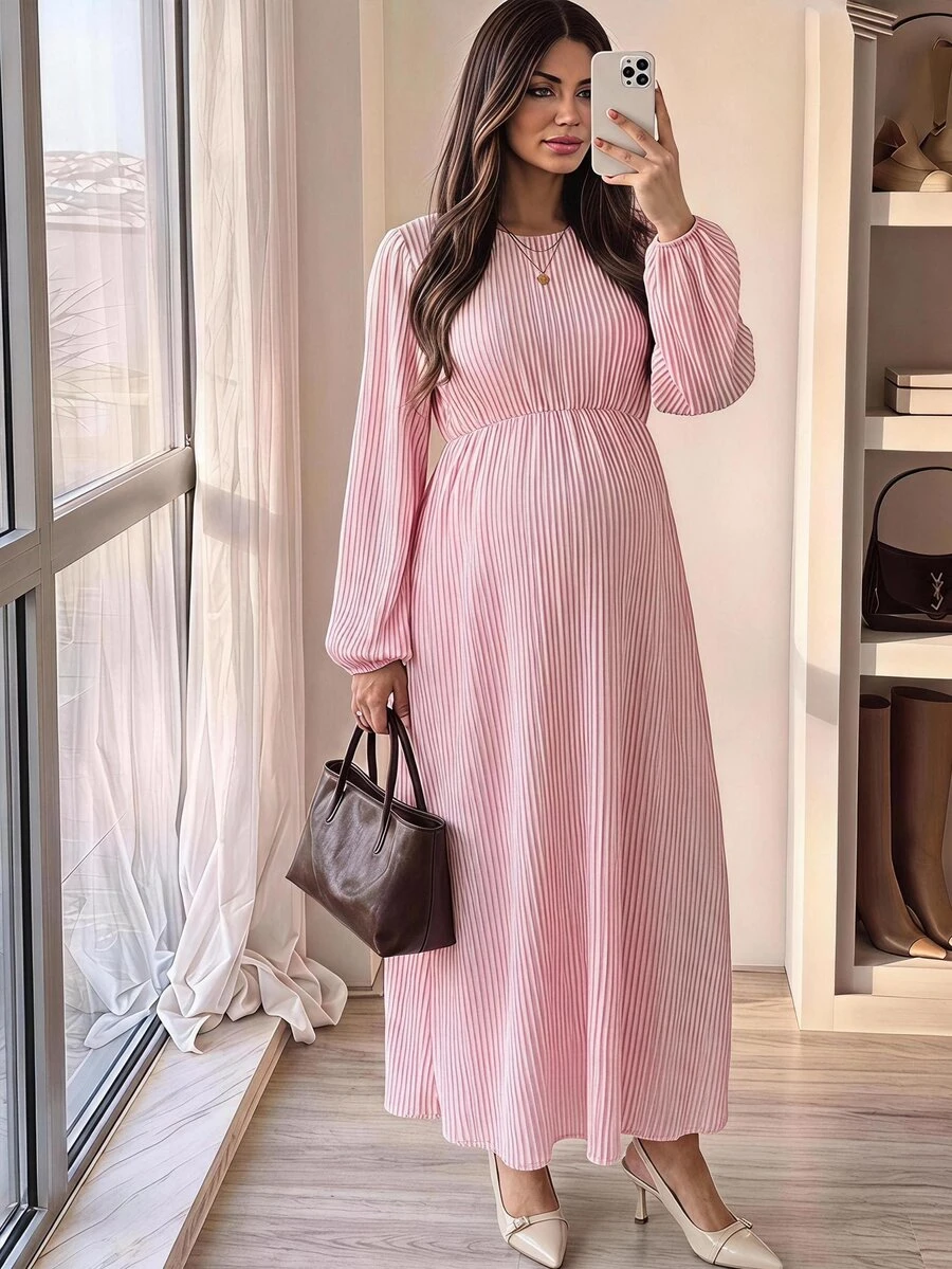 SHEIN Maternity Solid Color Round Neck Lantern Sleeve Elegant Dress Fall - Pink - View 1