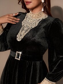 GlowEve CURVE 大尺碼簡約優雅百搭女款對比蕾絲洋裝 秋季 - 黑色 - 查看 5