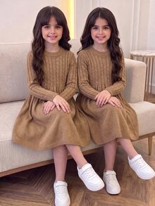 SHEIN 青少年女孩休閒純色針織立領長袖毛衣秋季洋裝 - 卡其色 - 查看 3