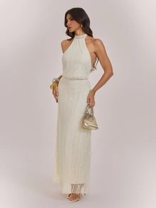 SHEIN Tall New Apricot-Colored Jacquard Knit Halter-Neck Backless Maxi Dress For Tall Women - Apricot - View 3