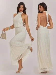 SHEIN Tall New Apricot-Colored Jacquard Knit Halter-Neck Backless Maxi Dress For Tall Women - Apricot - View 4