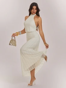 SHEIN Tall New Apricot-Colored Jacquard Knit Halter-Neck Backless Maxi Dress For Tall Women - Apricot - View 7