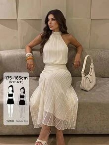 SHEIN Tall New Apricot-Colored Jacquard Knit Halter-Neck Backless Maxi Dress For Tall Women - Apricot - View 1
