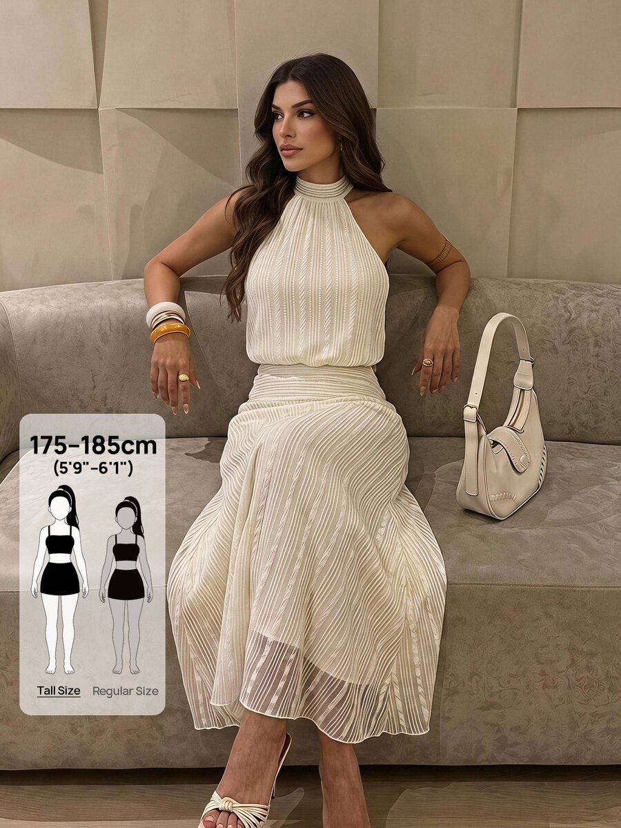 SHEIN Tall New Apricot-Colored Jacquard Knit Halter-Neck Backless Maxi Dress For Tall Women - Apricot - View 1