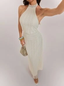 SHEIN Tall New Apricot-Colored Jacquard Knit Halter-Neck Backless Maxi Dress For Tall Women - Apricot - View 5