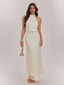 SHEIN Tall New Apricot-Colored Jacquard Knit Halter-Neck Backless Maxi Dress For Tall Women - Apricot - View 8