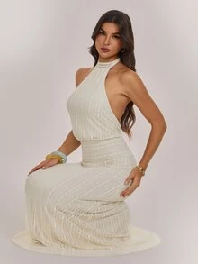 SHEIN Tall New Apricot-Colored Jacquard Knit Halter-Neck Backless Maxi Dress For Tall Women - Apricot - View 6