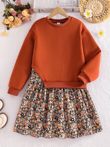 SHEIN Vintaside Kids 1件女童棕色拼接印花2合1衛衣洋裝，休閒日常秋季洋裝 - 棕色 - 查看 2