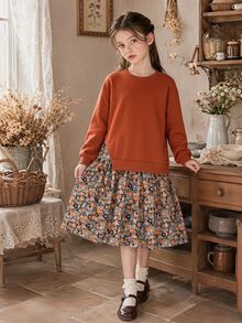 SHEIN Vintaside Kids 1件女童棕色拼接印花2合1衛衣洋裝，休閒日常秋季洋裝 - 棕色 - 查看 1