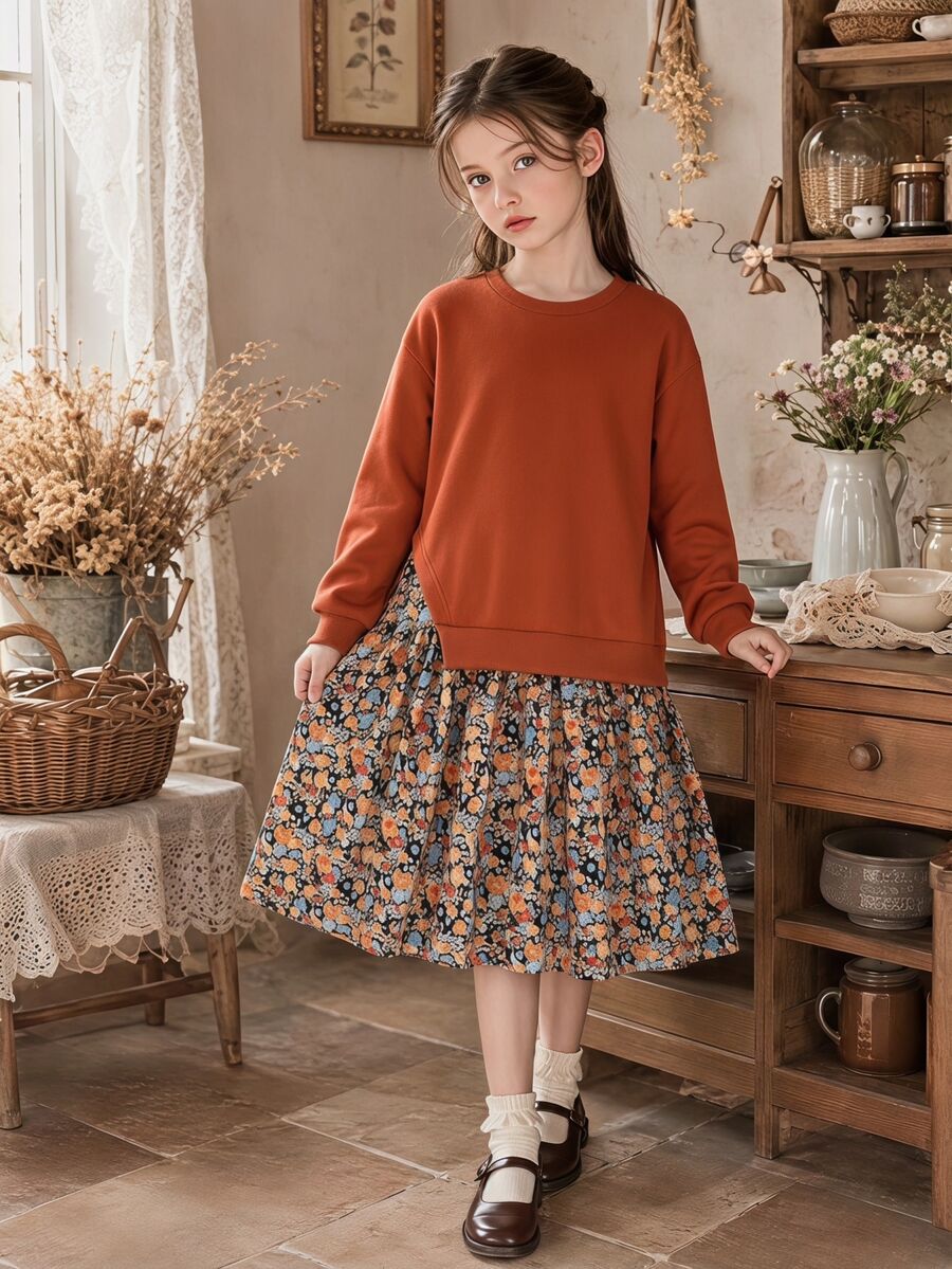 SHEIN Vintaside Kids 1件女童棕色拼接印花2合1衛衣洋裝,休閒日常秋季洋裝 - 棕色 - 查看 1