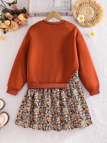 SHEIN Vintaside Kids 1件女童棕色拼接印花2合1衛衣洋裝，休閒日常秋季洋裝 - 棕色 - 查看 6