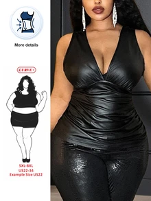SHEIN CURVE+ Plus Size Women's Solid Color Autumn/Winter New PU V-Neck Pleated Tank Top, Suitable For Holiday Parties, Banquets, Christmas, Halloween - Black - View 1