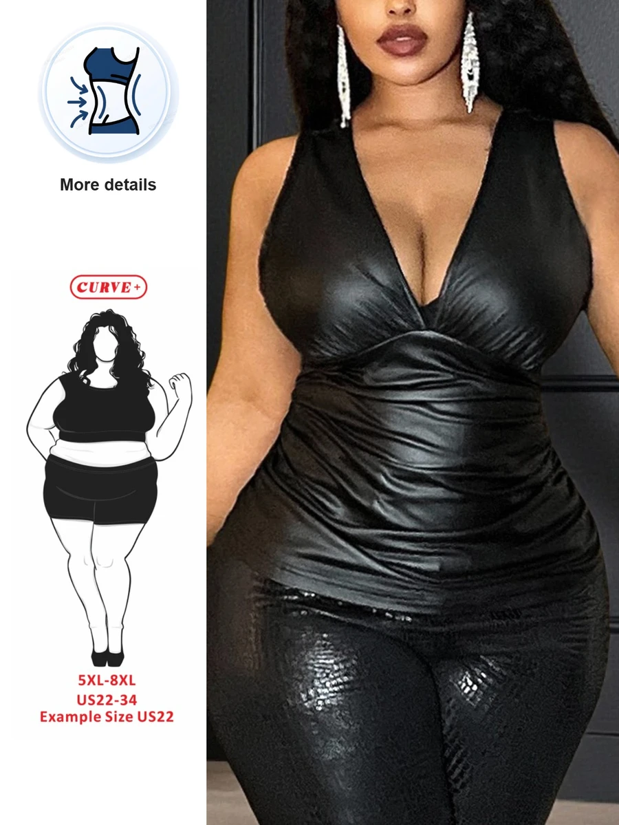 SHEIN CURVE+ Plus Size Women's Solid Color Autumn/Winter New PU V-Neck Pleated Tank Top, Suitable For Holiday Parties, Banquets, Christmas, Halloween - Black - View 1