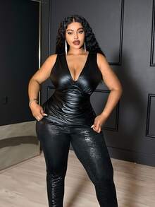 SHEIN CURVE+ Plus Size Women's Solid Color Autumn/Winter New PU V-Neck Pleated Tank Top, Suitable For Holiday Parties, Banquets, Christmas, Halloween - Black - View 4