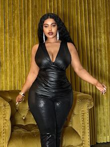 SHEIN CURVE+ Plus Size Women's Solid Color Autumn/Winter New PU V-Neck Pleated Tank Top, Suitable For Holiday Parties, Banquets, Christmas, Halloween - Black - View 8