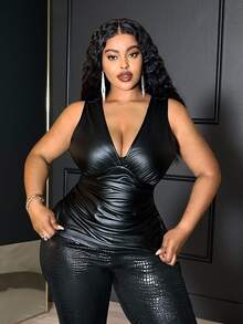 SHEIN CURVE+ Plus Size Women's Solid Color Autumn/Winter New PU V-Neck Pleated Tank Top, Suitable For Holiday Parties, Banquets, Christmas, Halloween - Black - View 5