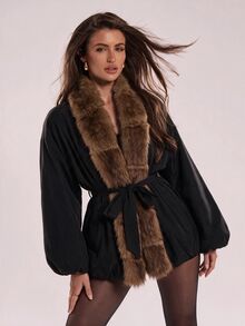 SHEIN BAE معطف شتوي مبطن للنساء بتصميم رقعات من الفرو الناعم، كاجوال ومتعدد الاستخدامات - الأسود - مشاهدة 1