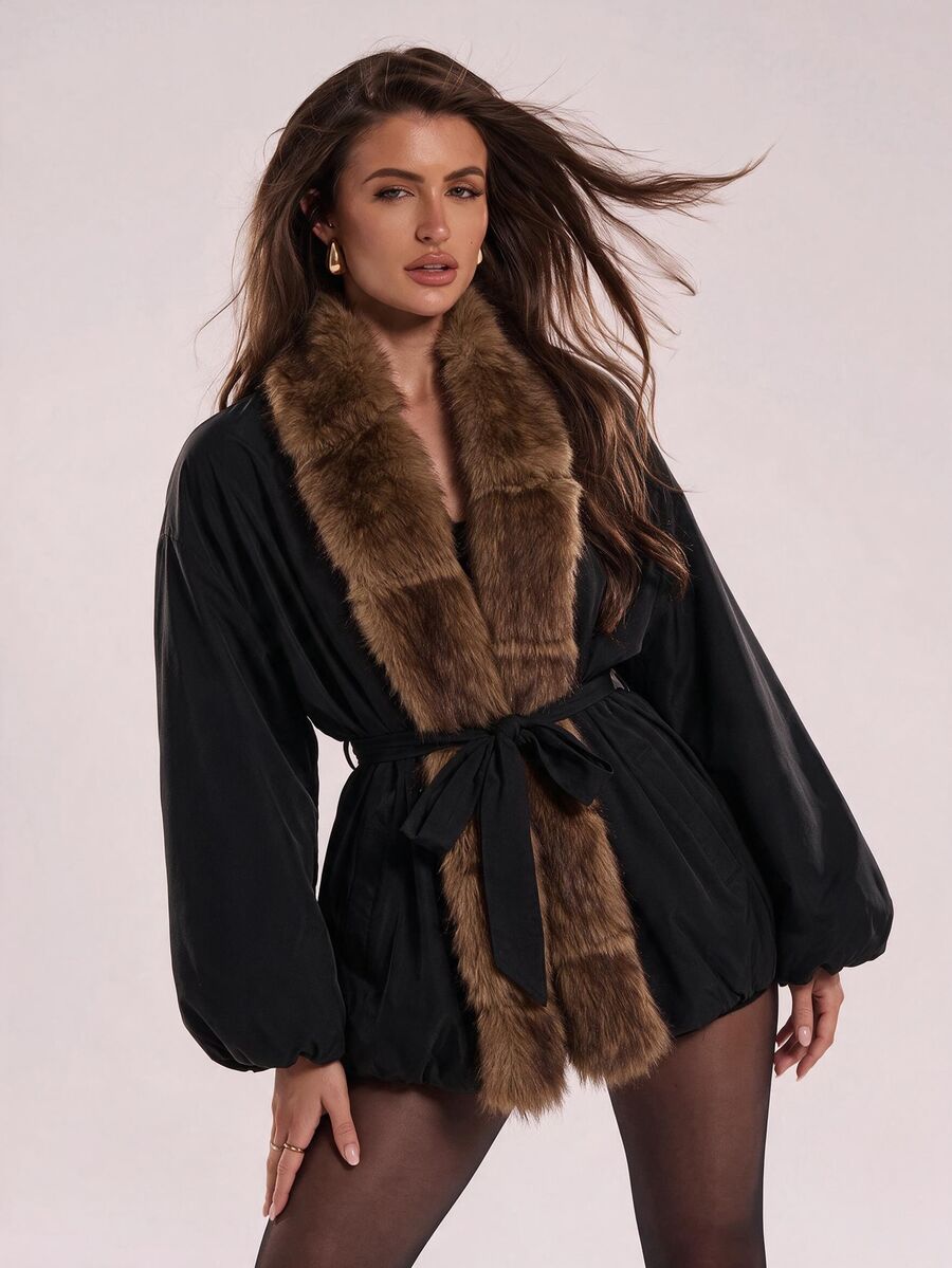 SHEIN BAE معطف شتوي مبطن للنساء بتصميم رقعات من الفرو الناعم، كاجوال ومتعدد الاستخدامات - الأسود - مشاهدة 1