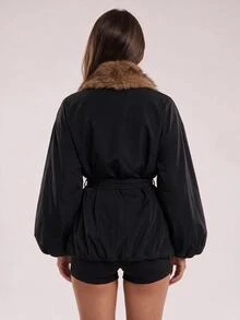 SHEIN BAE معطف شتوي مبطن للنساء بتصميم رقعات من الفرو الناعم، كاجوال ومتعدد الاستخدامات - الأسود - مشاهدة 2