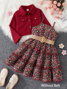 SHEIN Vintaside Kids 女童燈芯絨夾克與碎花細肩帶洋裝 2 件套，上衣：翻領燈芯絨短款長袖夾克；內搭：碎花細肩帶洋裝 - 紅色 - 查看 3