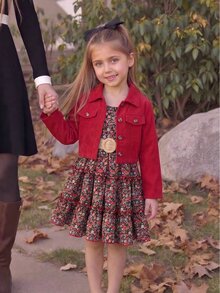 SHEIN Vintaside Kids 女童燈芯絨夾克與碎花細肩帶洋裝 2 件套，上衣：翻領燈芯絨短款長袖夾克；內搭：碎花細肩帶洋裝 - 紅色 - 查看 8