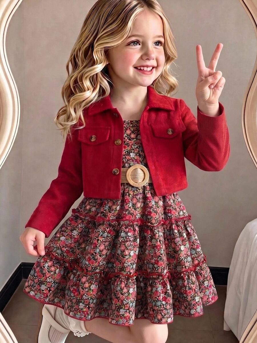 SHEIN Vintaside Kids 女童燈芯絨夾克與碎花細肩帶洋裝 2 件套，上衣：翻領燈芯絨短款長袖夾克；內搭：碎花細肩帶洋裝 - 紅色 - 查看 1