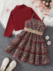 SHEIN Vintaside Kids 女童燈芯絨夾克與碎花細肩帶洋裝 2 件套，上衣：翻領燈芯絨短款長袖夾克；內搭：碎花細肩帶洋裝 - 紅色 - 查看 2