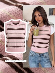 Comfortcana Pink And White Striped Crop Sweater Vest Everyday School Summer Casual Preppy - Multicolor - View 8