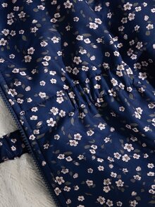SHEIN 女童 2025 冬季新款復古卡其色花卉保暖內裡拉鍊連帽外套，彈性腰圍，加厚保暖，適合戶外、秋冬穿著 - 藏蓝色 - 查看 7