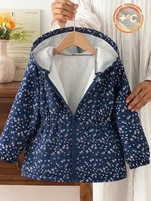 SHEIN 女童 2025 冬季新款復古卡其色花卉保暖內裡拉鍊連帽外套，彈性腰圍，加厚保暖，適合戶外、秋冬穿著 - 藏蓝色 - 查看 3
